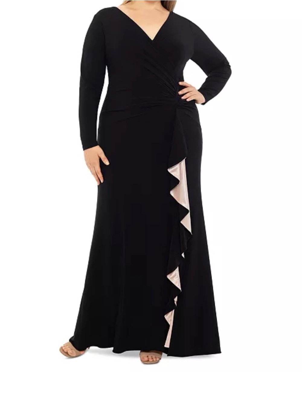 XSCAPE 20W Long Sleeve V-Neck Gown Ruffle Black Whimsigoth Classic Old Hollywood